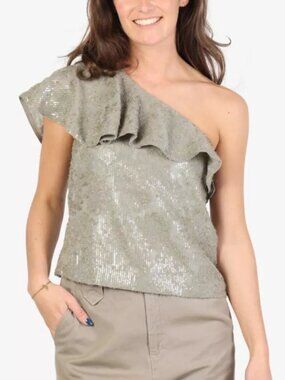 Dorothee Schumacher Sequin Statement Khaki One-Shoulder Top